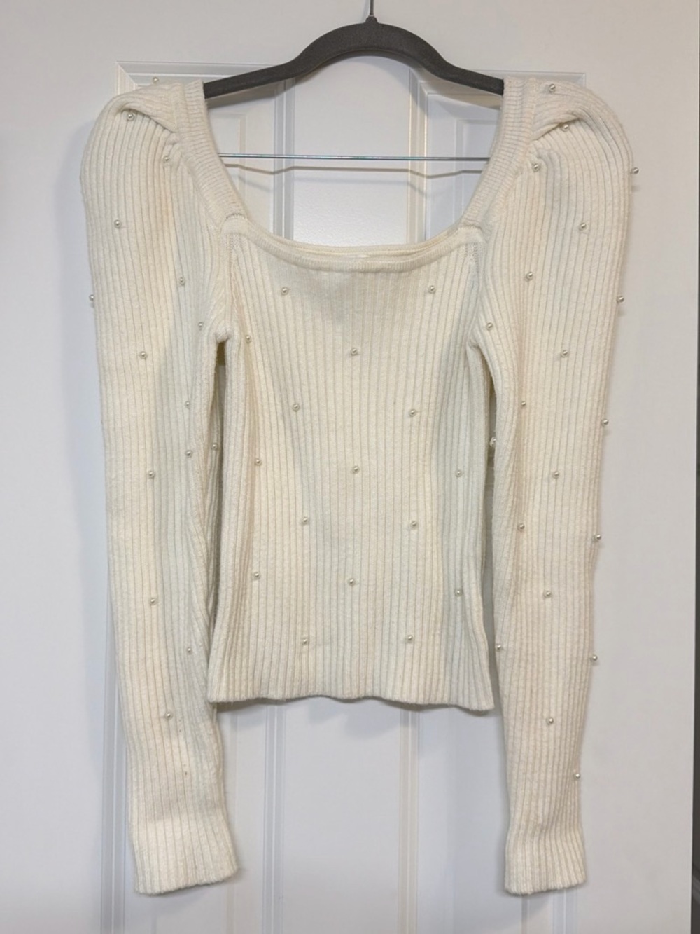 ASTR Cream Pearl-Embellished Square Neck Ribbed Sweater